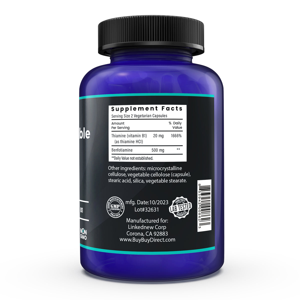 500 mg benfotiamine,a Fat-Soluble Form of thiamine,Ultra-bioavailable Vitamin B1, high Potency, Gluten-Free, Non-GMO, Vegetarian 120 Capsules