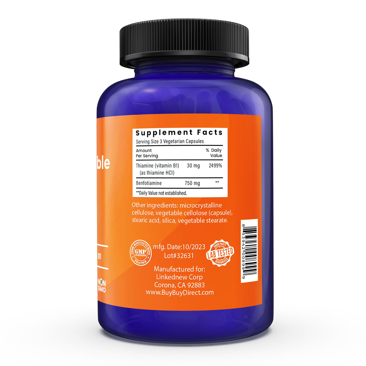 750 mg benfotiamine,a Fat-Soluble Form of thiamine,Ultra-bioavailable Vitamin B1, high Potency, Gluten-Free, Non-GMO, Vegetarian 120 Capsules