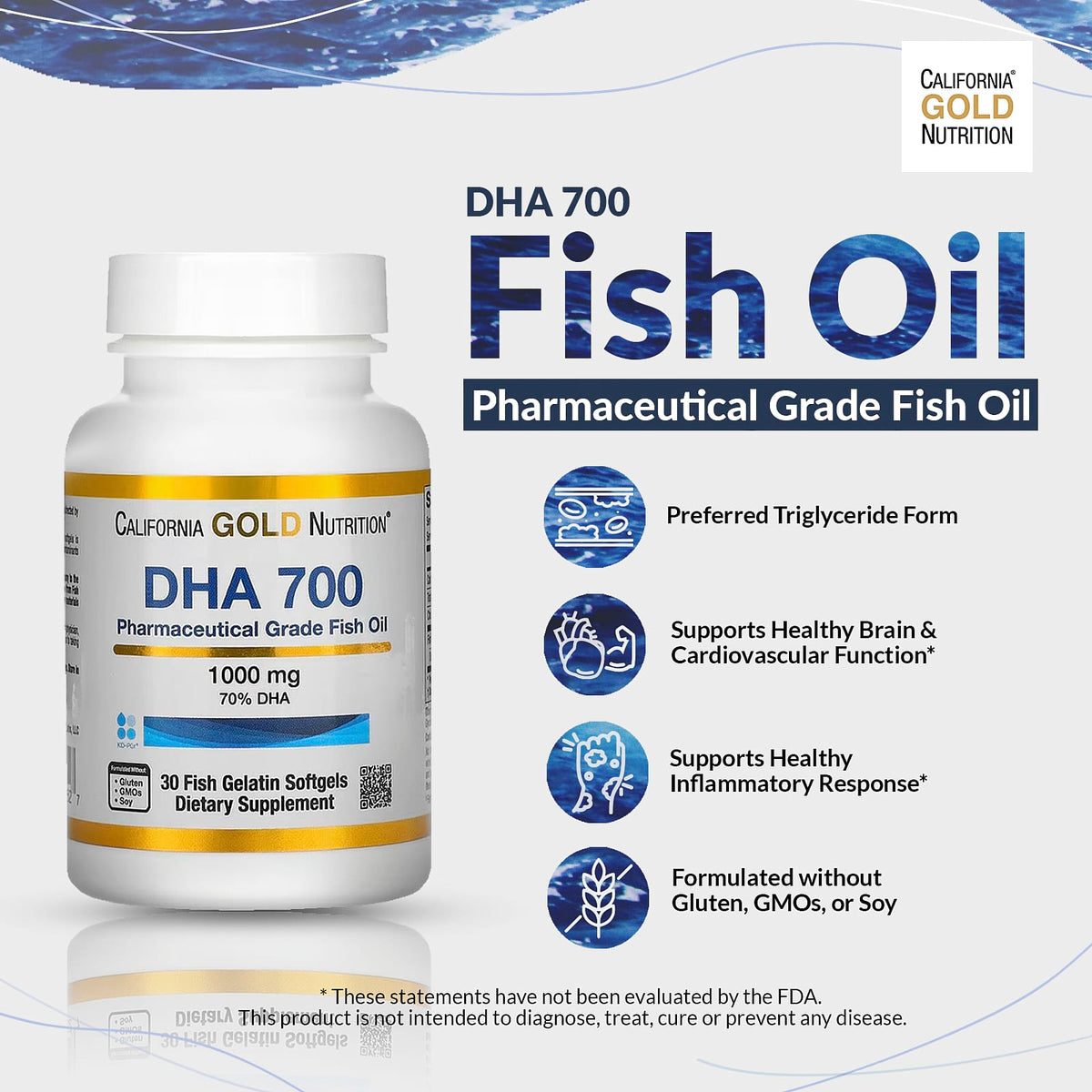 California Gold Nutrition, DHA 700 Fish Oil, Pharmaceutical Grade, 1,000 mg, 30 Fish Gelatin Softgels