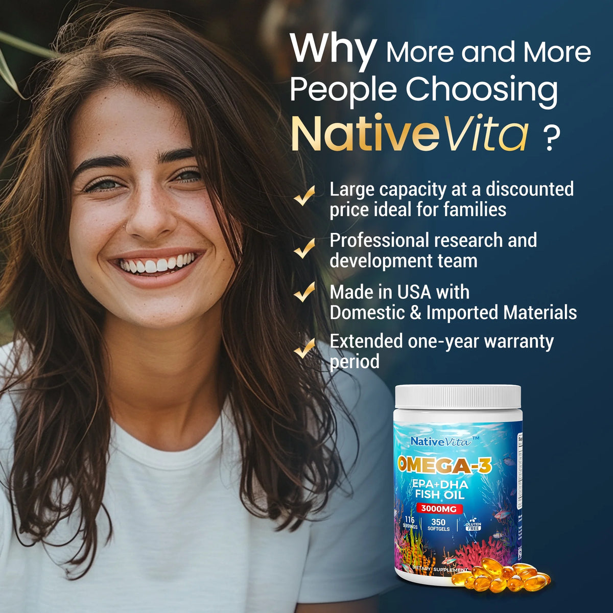 NativeVita 350 Ct softgels 3000mg Omega-3 Fish Oil DHA EPA Gluten-Free 116-Day Supply Made in USA