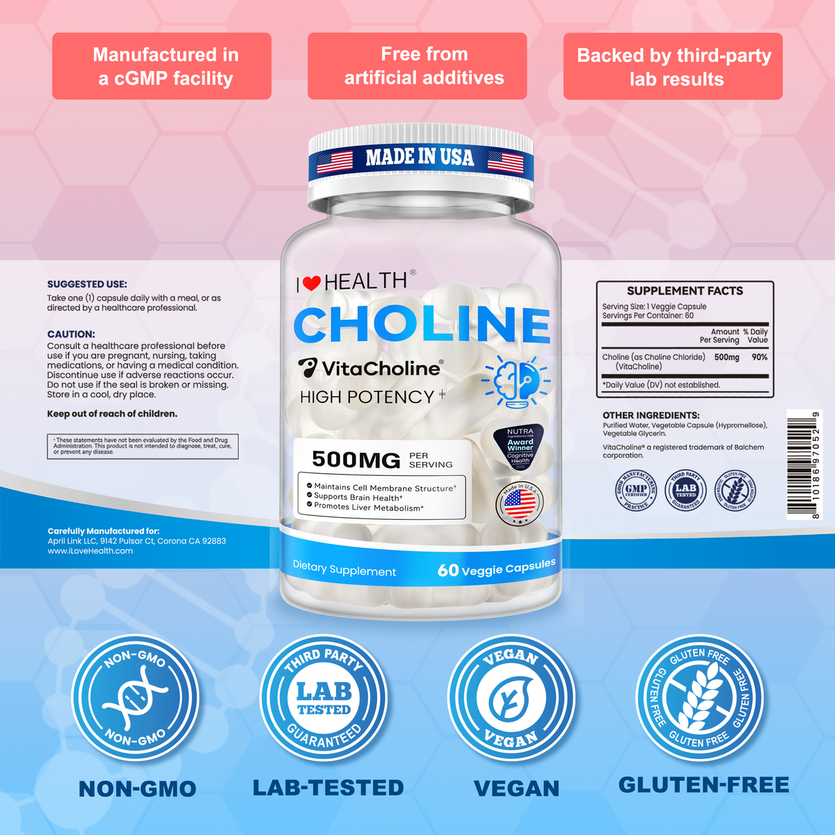 First Liquid Choline Supplement 500mg with VitaCholine® – USA Cognitive Health Award Winner – Superior Absorption – Supports Pregnancy, Baby Brain Development, Liver LDL HDL Level Support & Cell Health – 60 Veggie Capsules