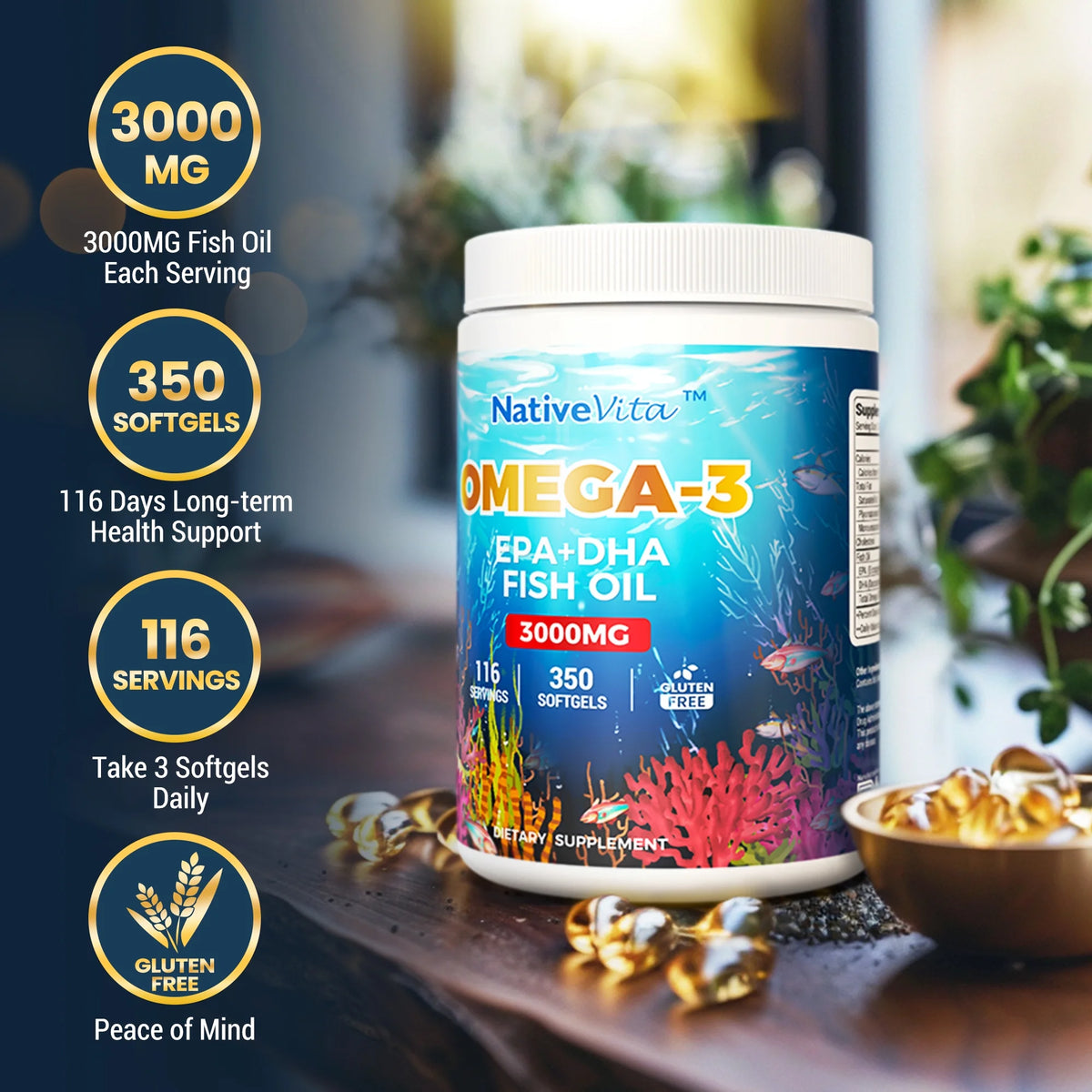 NativeVita 350 Ct softgels 3000mg Omega-3 Fish Oil DHA EPA Gluten-Free 116-Day Supply Made in USA