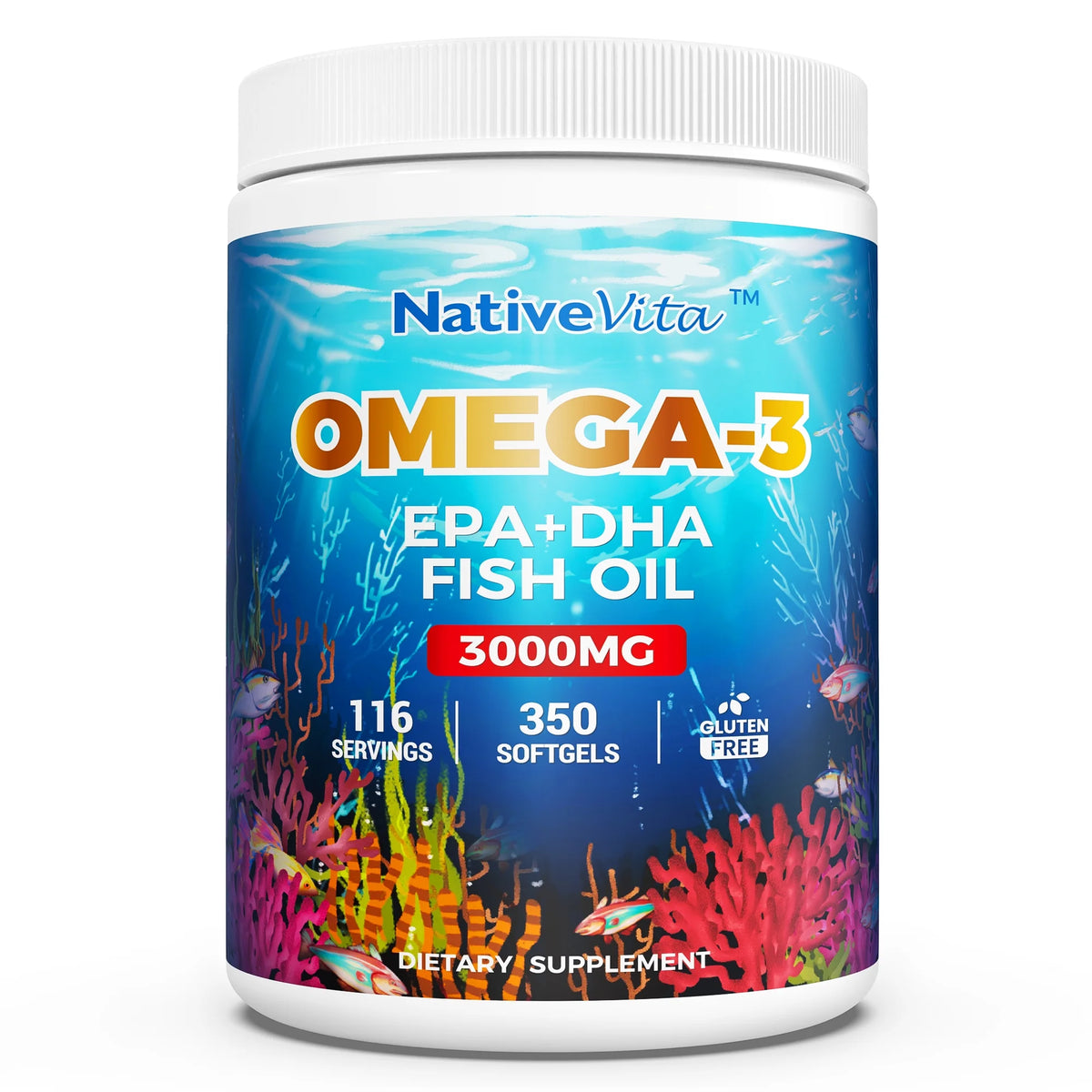 NativeVita 350 Ct softgels 3000mg Omega-3 Fish Oil DHA EPA Gluten-Free 116-Day Supply Made in USA