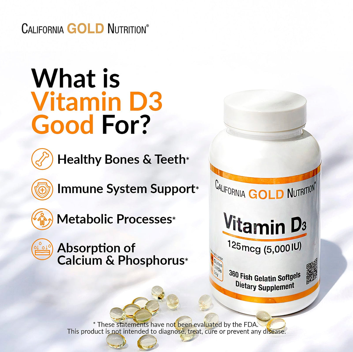 California Gold Nutrition, Vitamin D3, 125 mcg (5,000 IU), 90 Fish Gelatin Softgels